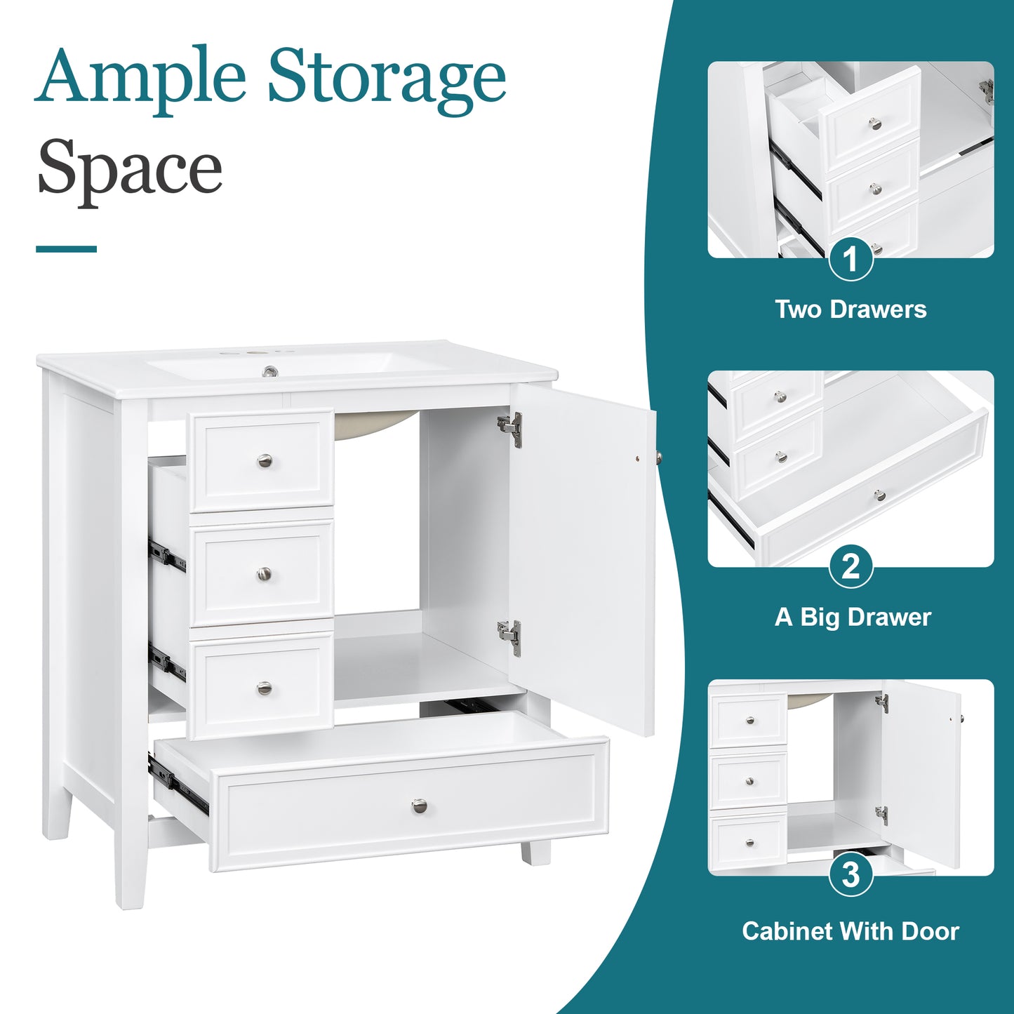 30" Bathroom Vanity with Sink, Cabinet & 3 Drawers - White