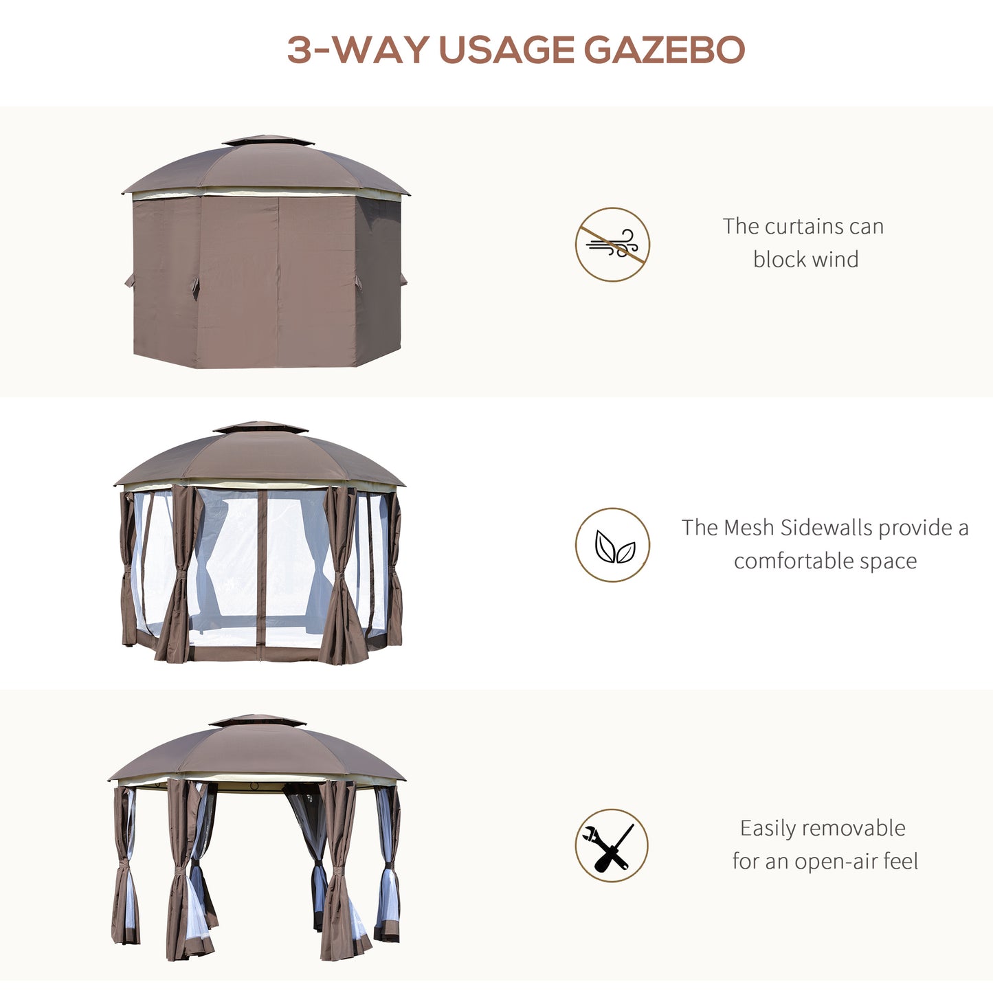 12' Round Outdoor Gazebo Canopy with Double Roof & Curtains