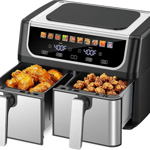 Large 9.5 Quart Dual Basket Air Fryer with 10 Presets, Independent Temp Control, and Shake Reminder - Black