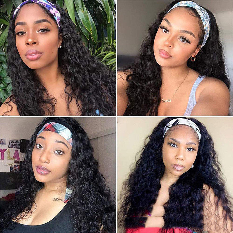 Long Curly Hair Wig Cover with Headgear - Real Hair Turban for Women