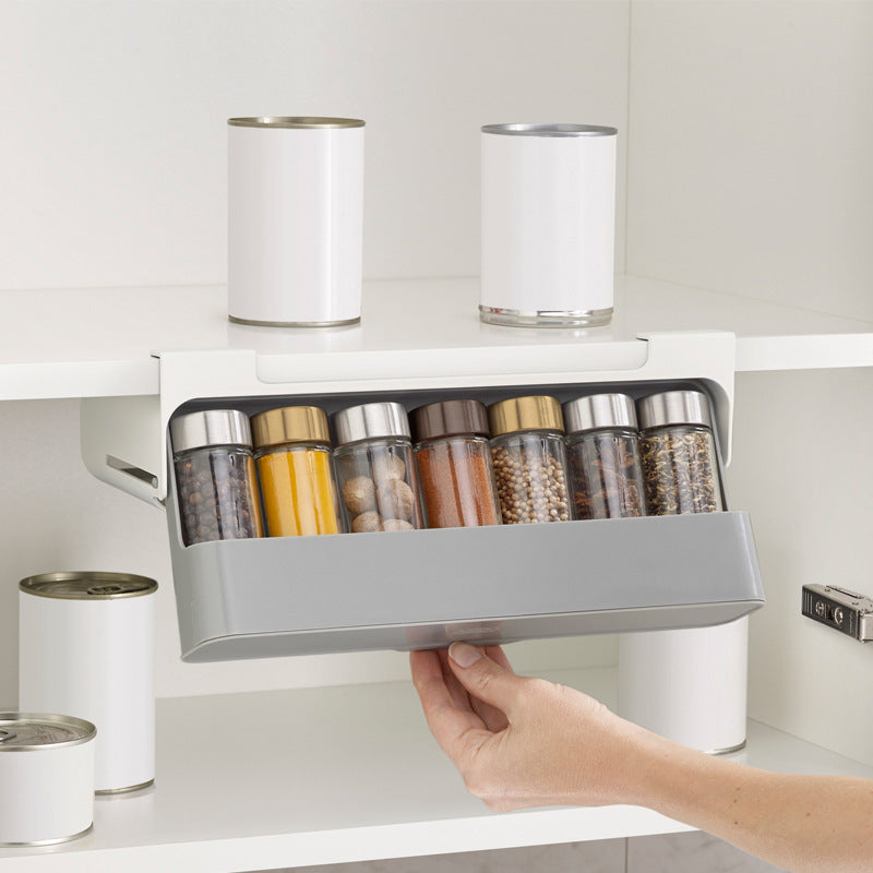 Hanging Spice Jar Storage Rack for Kitchen - 6 Glass Bottles, Punch-Free Design