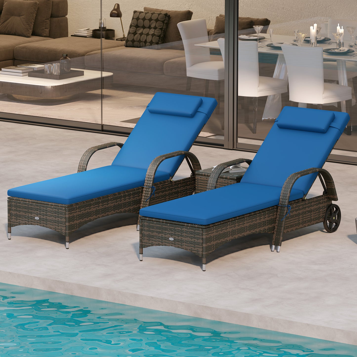 Adjustable Patio Wicker Chaise Lounge Chair Set with Table - Blue