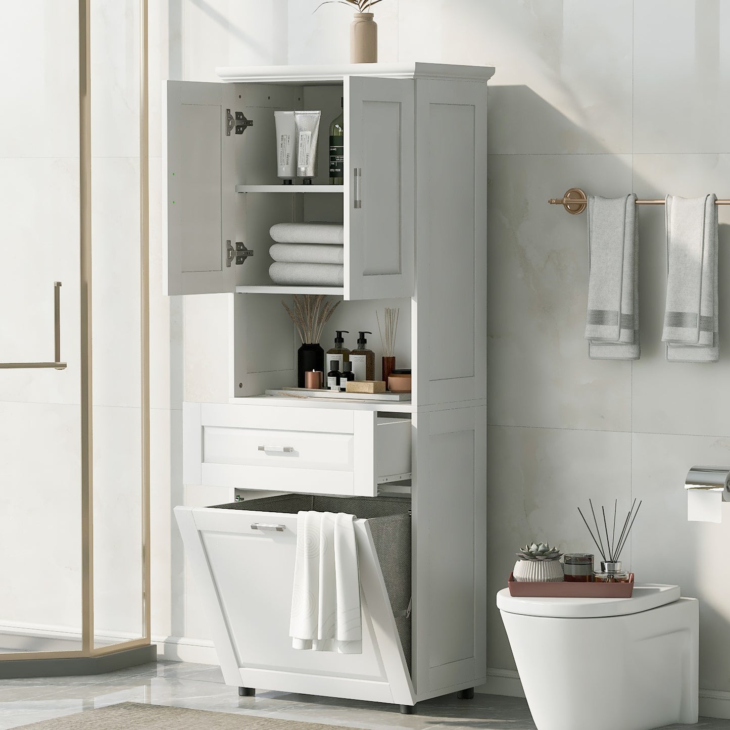 Tall Bathroom Cabinet with Laundry Basket - White Storage Unit