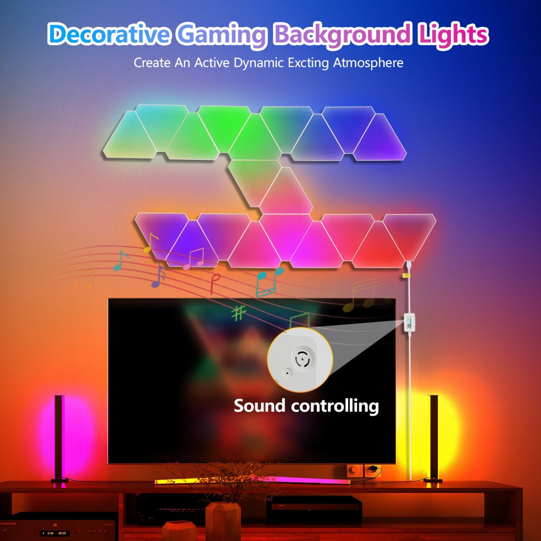 Triangular RGB LED Wall Lights 20-Pack with App & Remote - Music Sync Gaming Decor