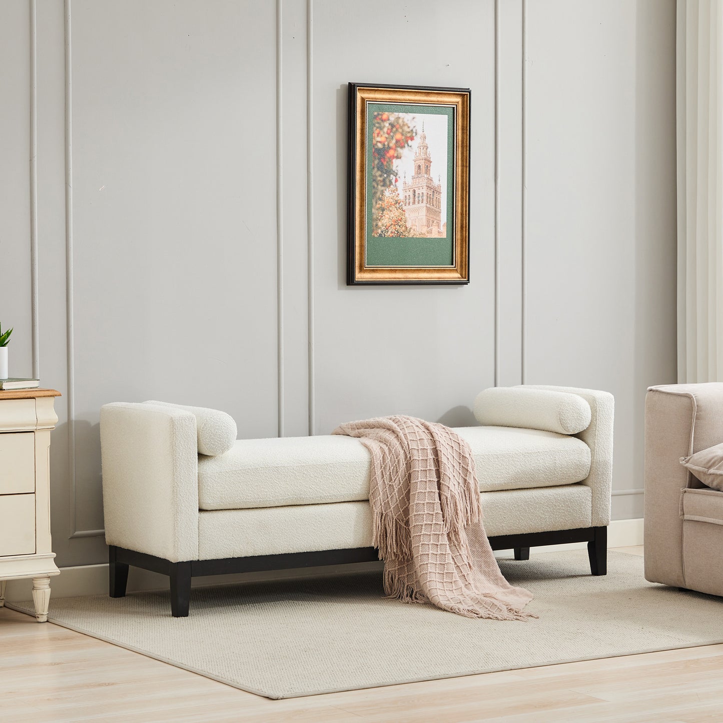 66.34" Upholstered End of Bed Bench - Ivory Boucle with Wood Frame