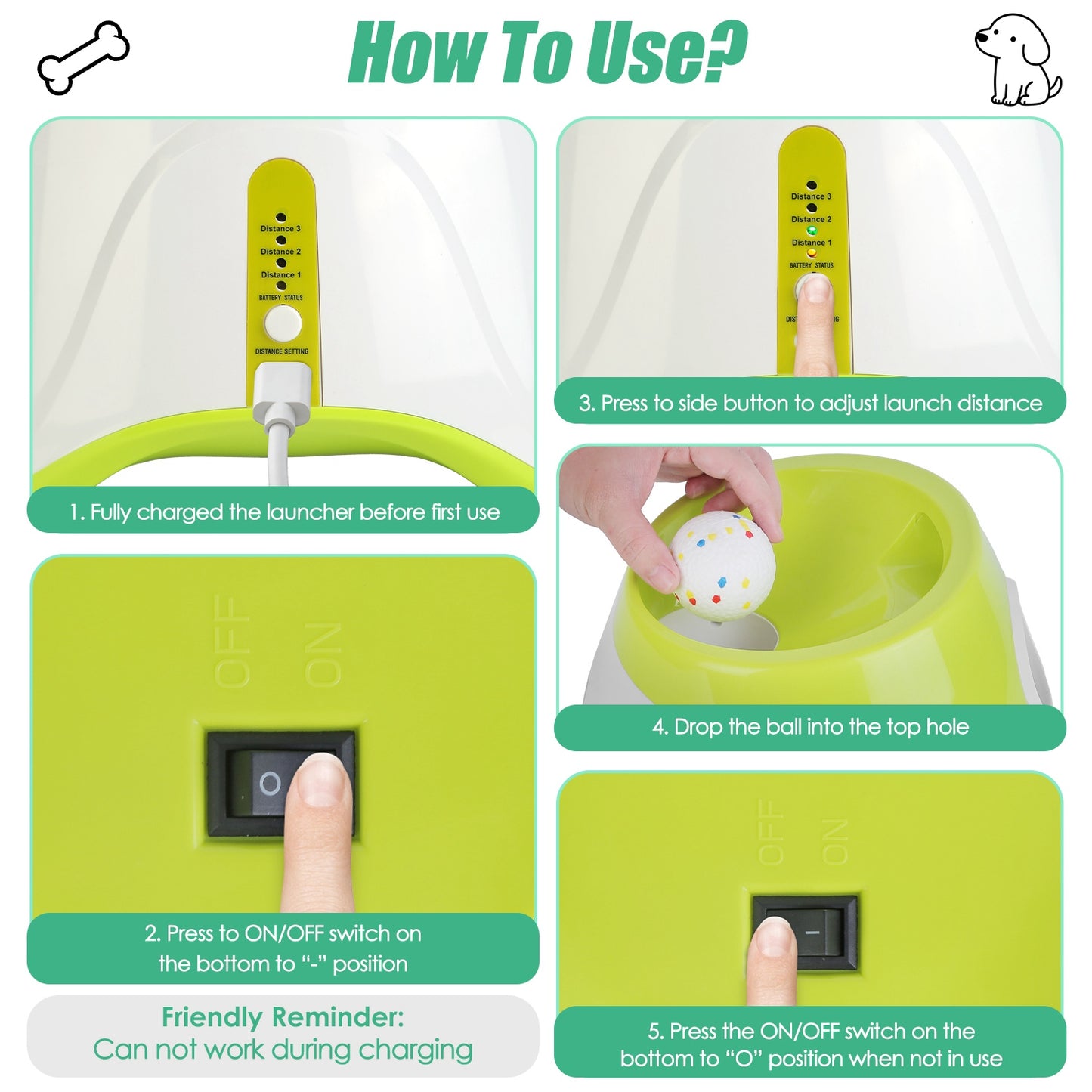 Automatic Dog Ball Launcher with Rechargeable Battery and Adjustable Distance - 6pcs 2.3in Balls