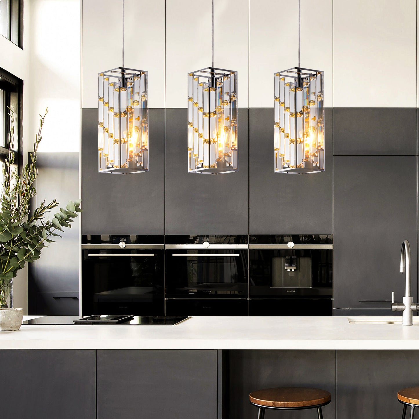 3 Pack 4-Inch Modern Crystal Pendant Lights - Adjustable Ceiling Lamps for Living Room and Dining Room, Chrome Finish
