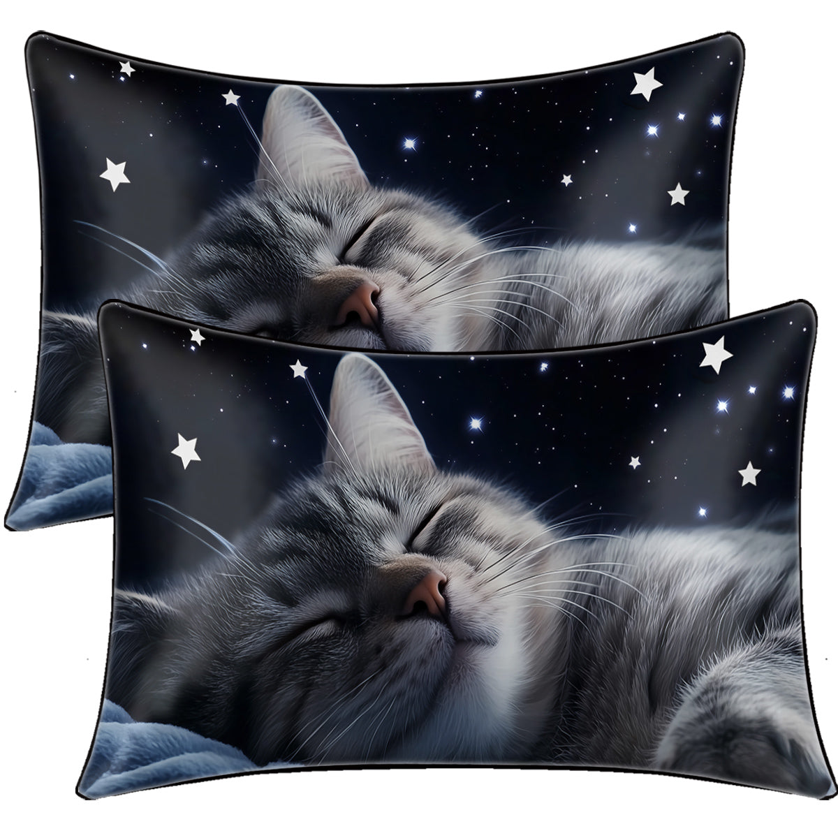 Soft Satin Pillowcases with Cats and Starry Sky Art - Set of 2