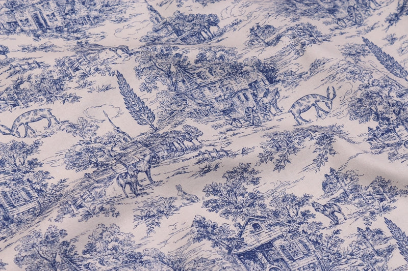 Vintage Blue Print Fabric - Cotton Muslin Textile for Sewing & Crafts 90x110CM