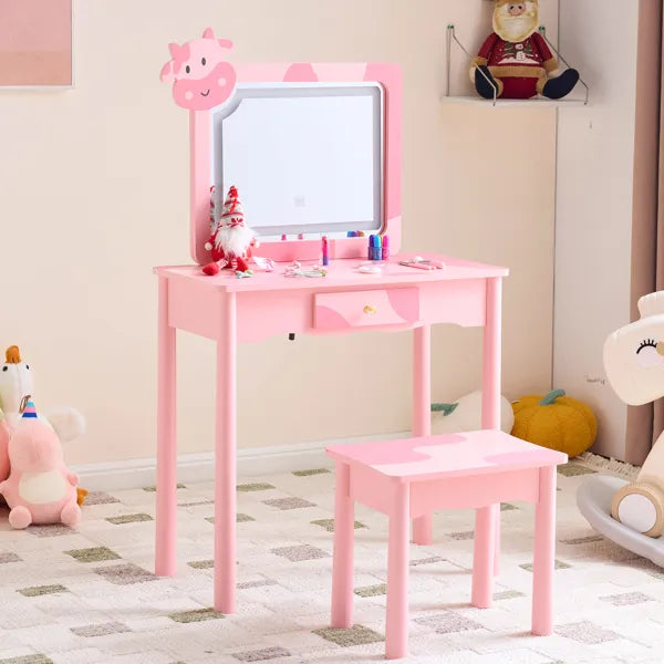 Children's Dressing Table Set with LED Backlight - Pink Cow Pattern