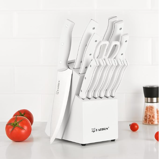 15-Piece White Kitchen Knife Set with Ergonomic Handles