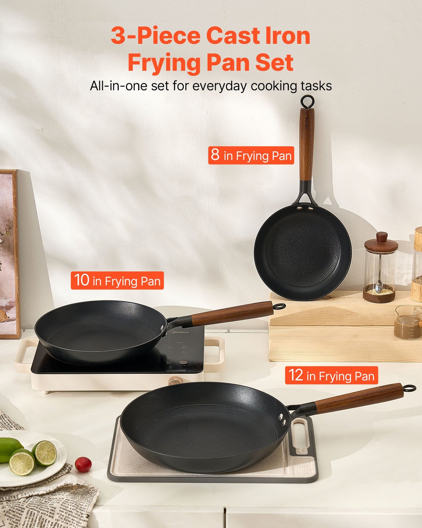 3-Piece Cast Iron Skillet Set - 8, 10, 12 Inch Nonstick
