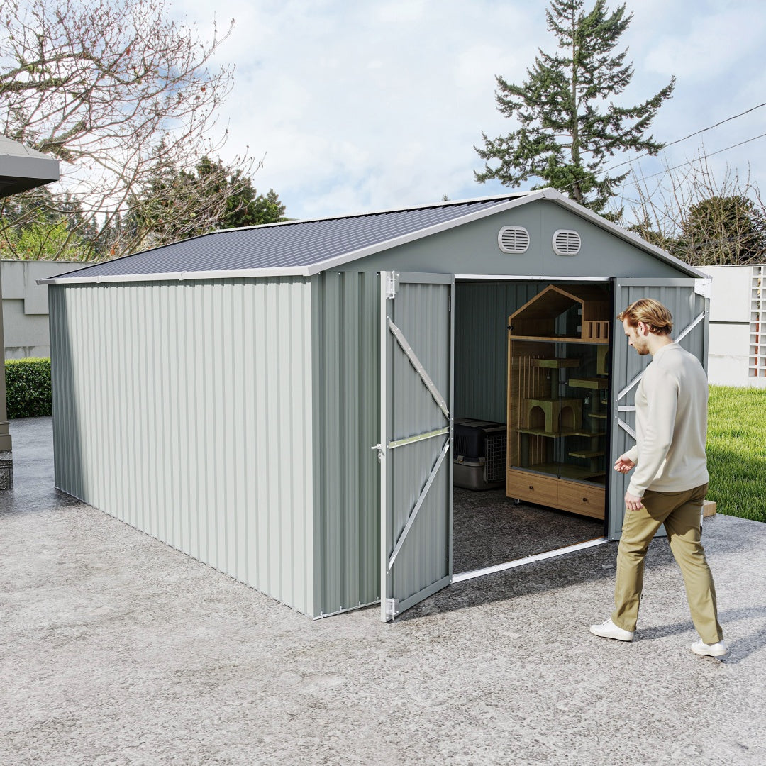 10x12 FT Outdoor Metal Storage Shed with Lockable Door - White