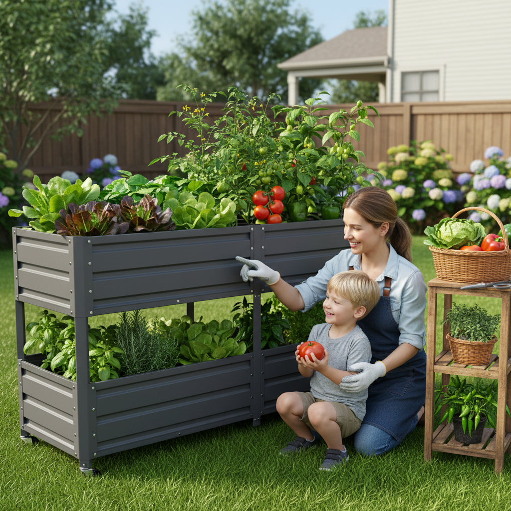 Dual Tier Elevated Metal Raised Garden Bed with Lockable Wheels - Grey