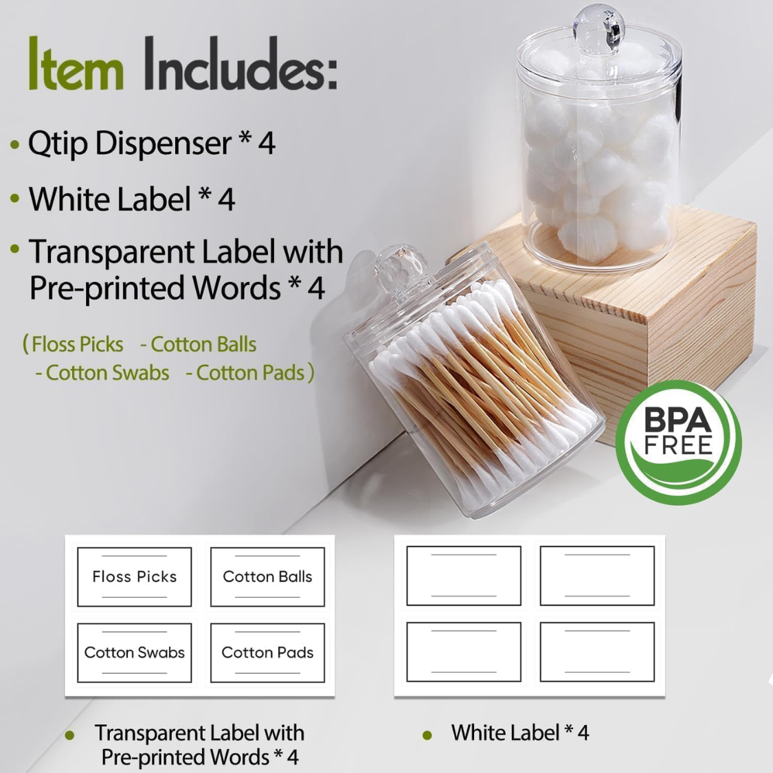 4-Pack Clear Acrylic Qtip Holder Dispenser Set - Bathroom Storage