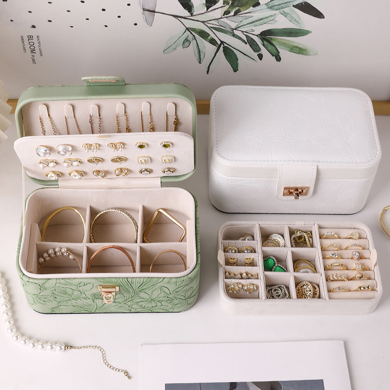 Leather Jewelry Storage Box with Patterned Design and Velvet Interior