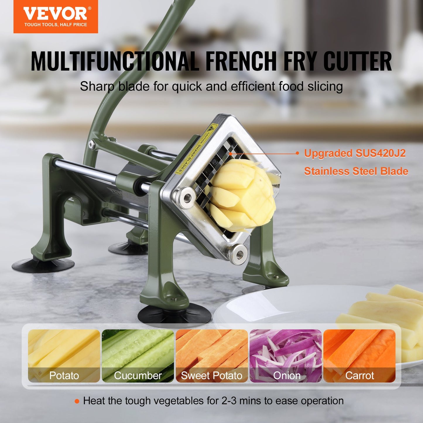 Stainless Steel French Fry Cutter Vegetable Slicer with Handle & Suction Feet