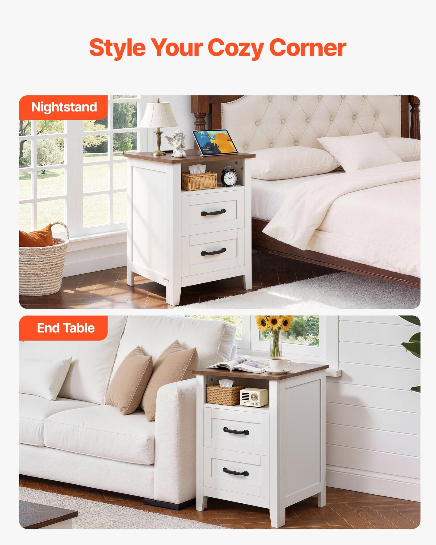 Farmhouse Nightstand with Charging Station - Rustic End Table with USB & Outlets, White