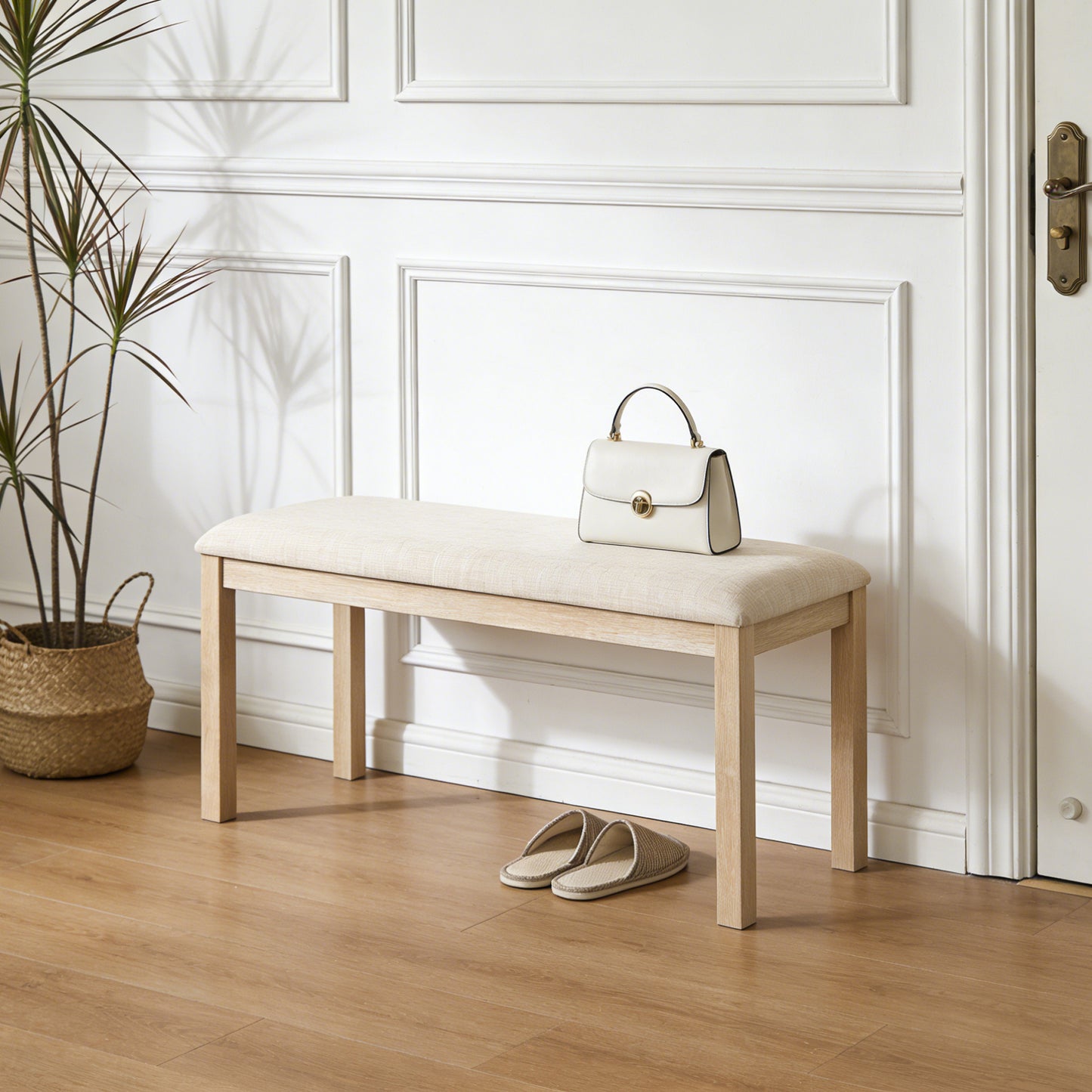 38-Inch Upholstered Dining Bench with Solid Wood Legs - Light Oak & Beige