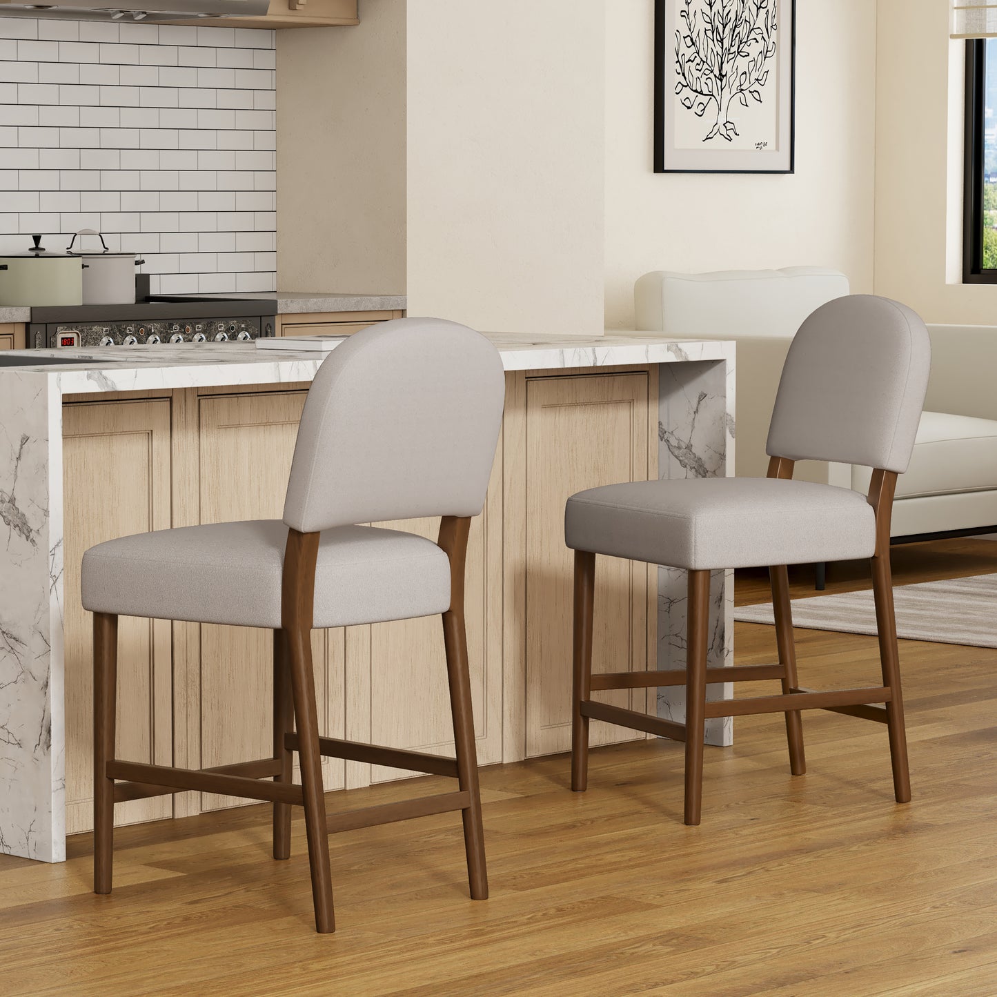 26 Seat Height Light Gray Fabric & Walnut Rubberwood Bar Stool,