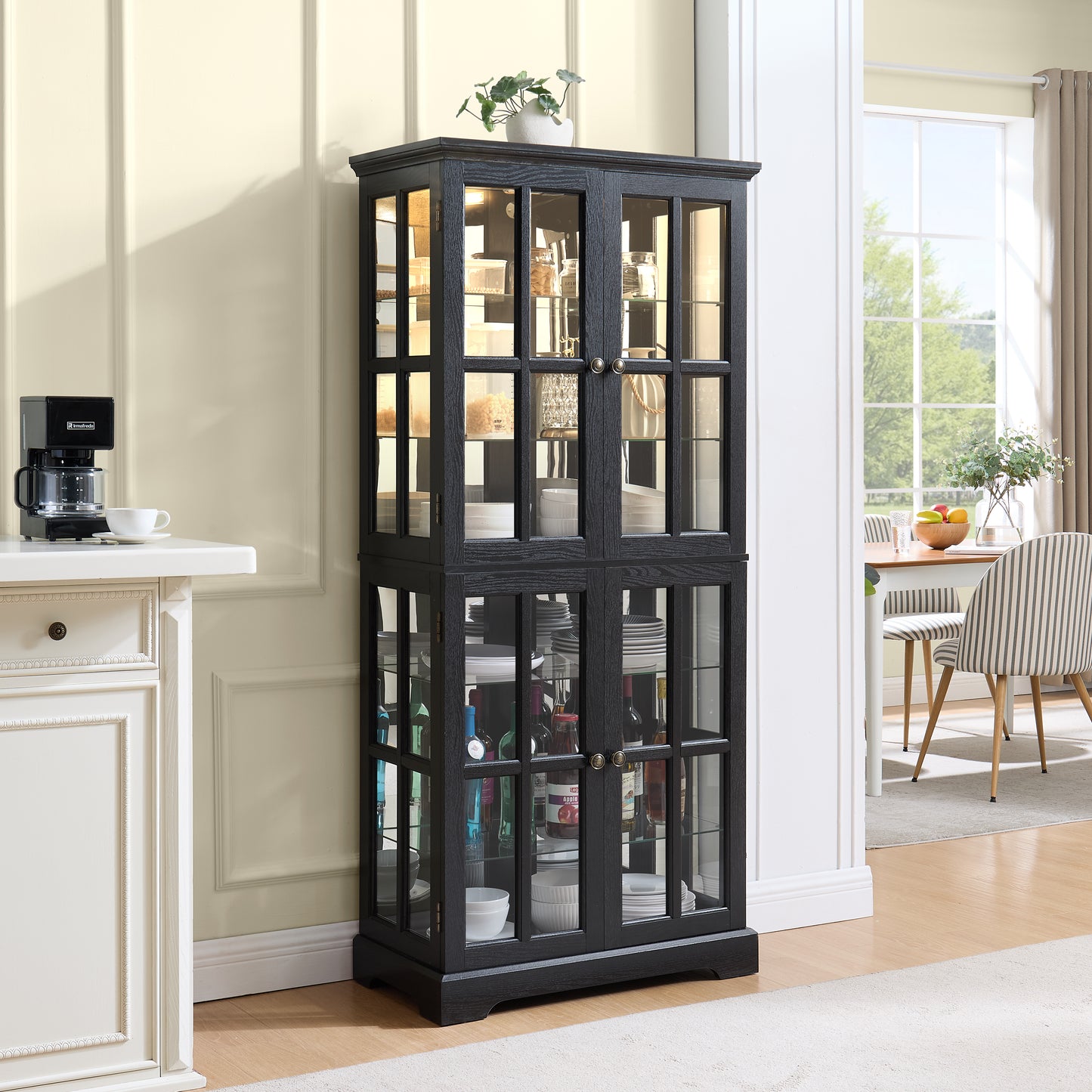 Antique Curio Display Cabinet with Glass Doors and Adjustable Shelves - Black