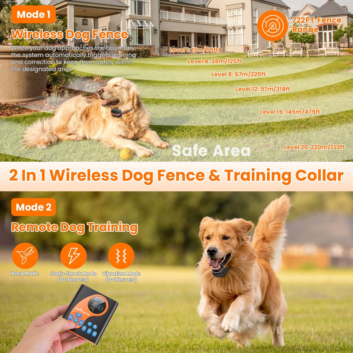Wireless Dog Fence System with Training Collar, Waterproof, Adjustable Range 722FT