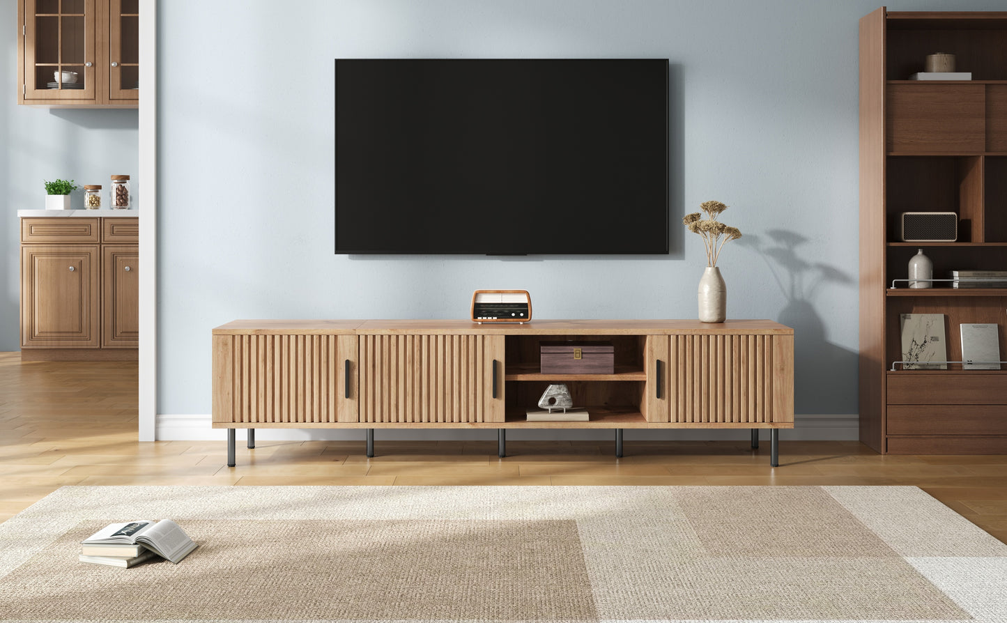 78-Inch Modern TV Stand for TVs Up to 85" - Natural Wood Finish