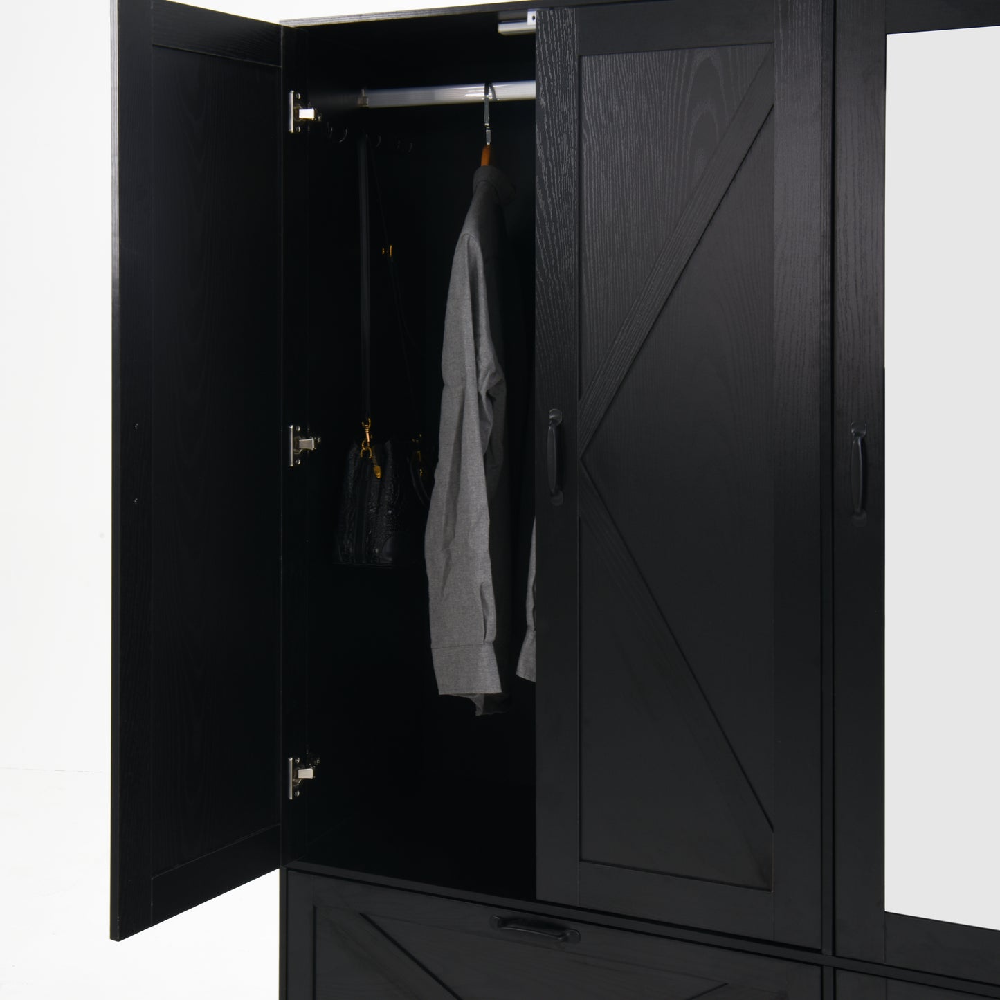 Black 4-Door Wardrobe Closet with Mirror & LED Lighting