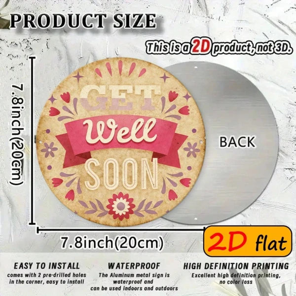 Get Well Soon Wall Plaque - Round Aluminum Floral Design