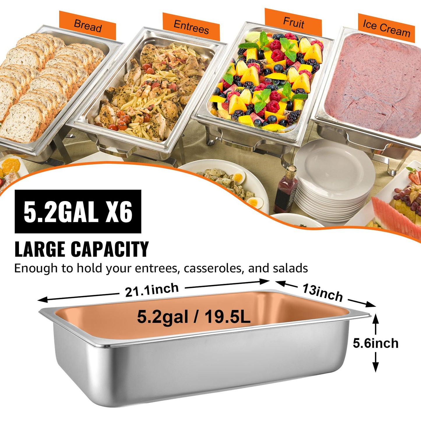 6 Pack Full Size Deep Steam Table Pans - Stainless Steel 20.9 x 12.8 x 5.9 Inch