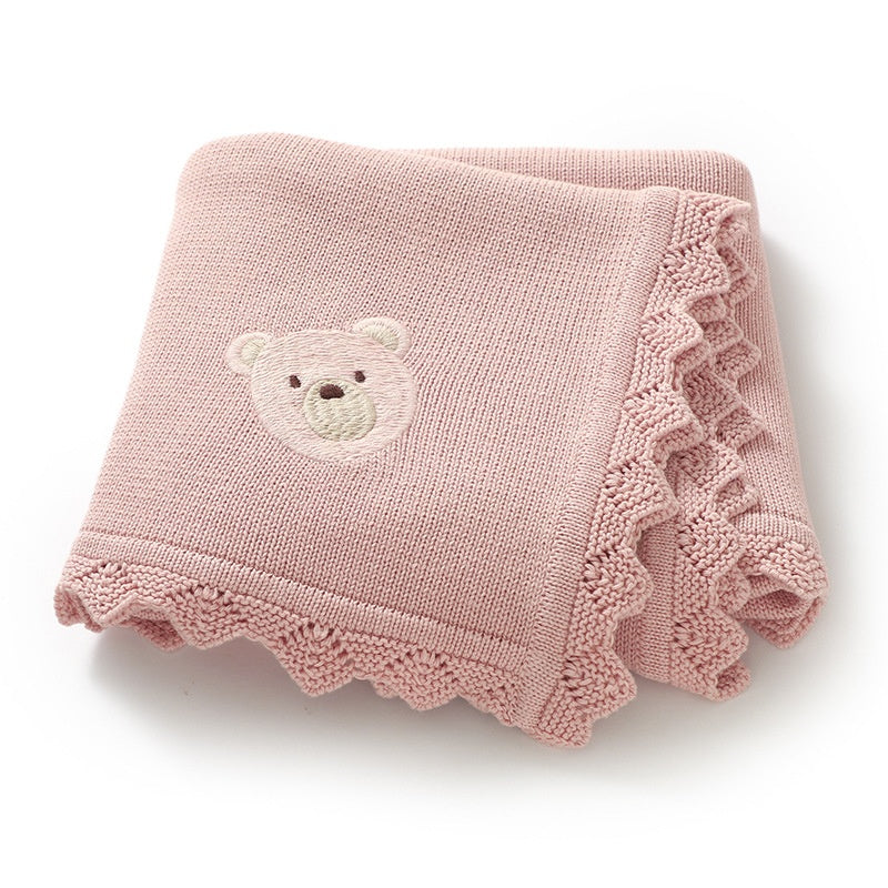 Infant Knitted Bear Embroidery Blanket - Soft Cotton Baby Covering