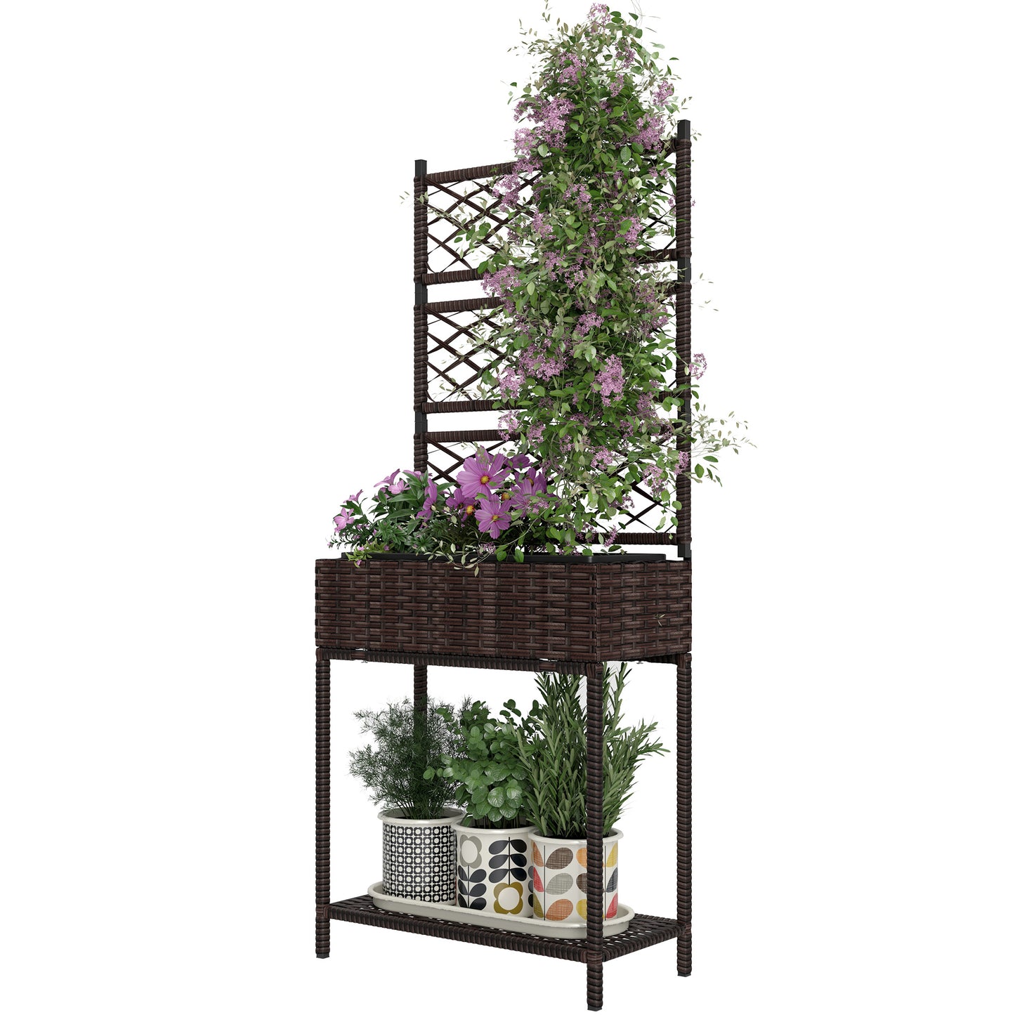 Outdoor Wicker Planter with Trellis for Climbing Plants - Freestanding Rattan Garden Box with Storage Shelf - Brown