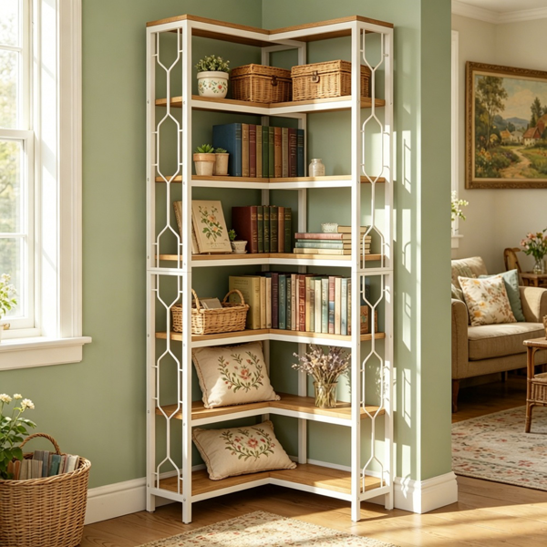7-Tier Corner Shelf - Space-Saving Hexagonal Bookcase