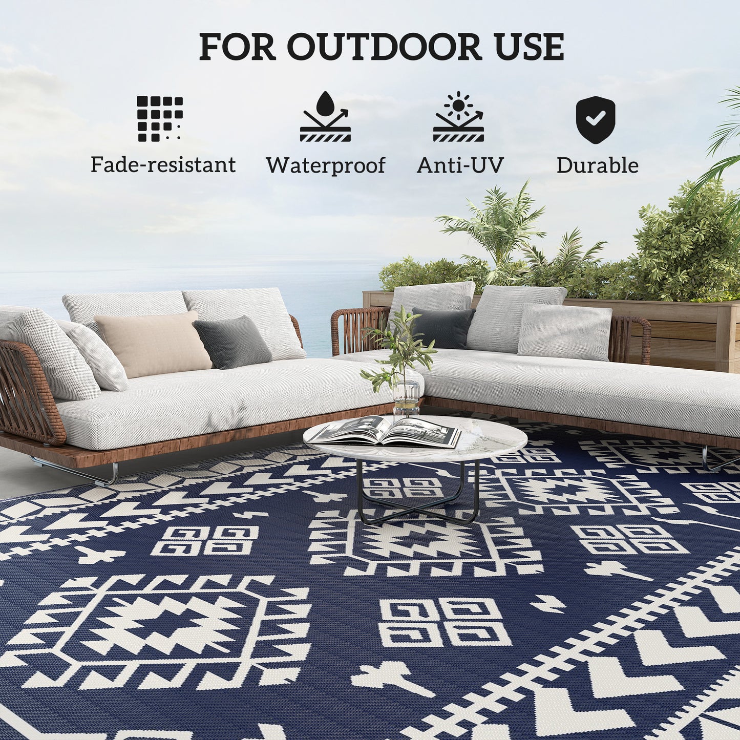 Reversible Waterproof Outdoor Rug - Blue & White Rhombus 9' x 18'