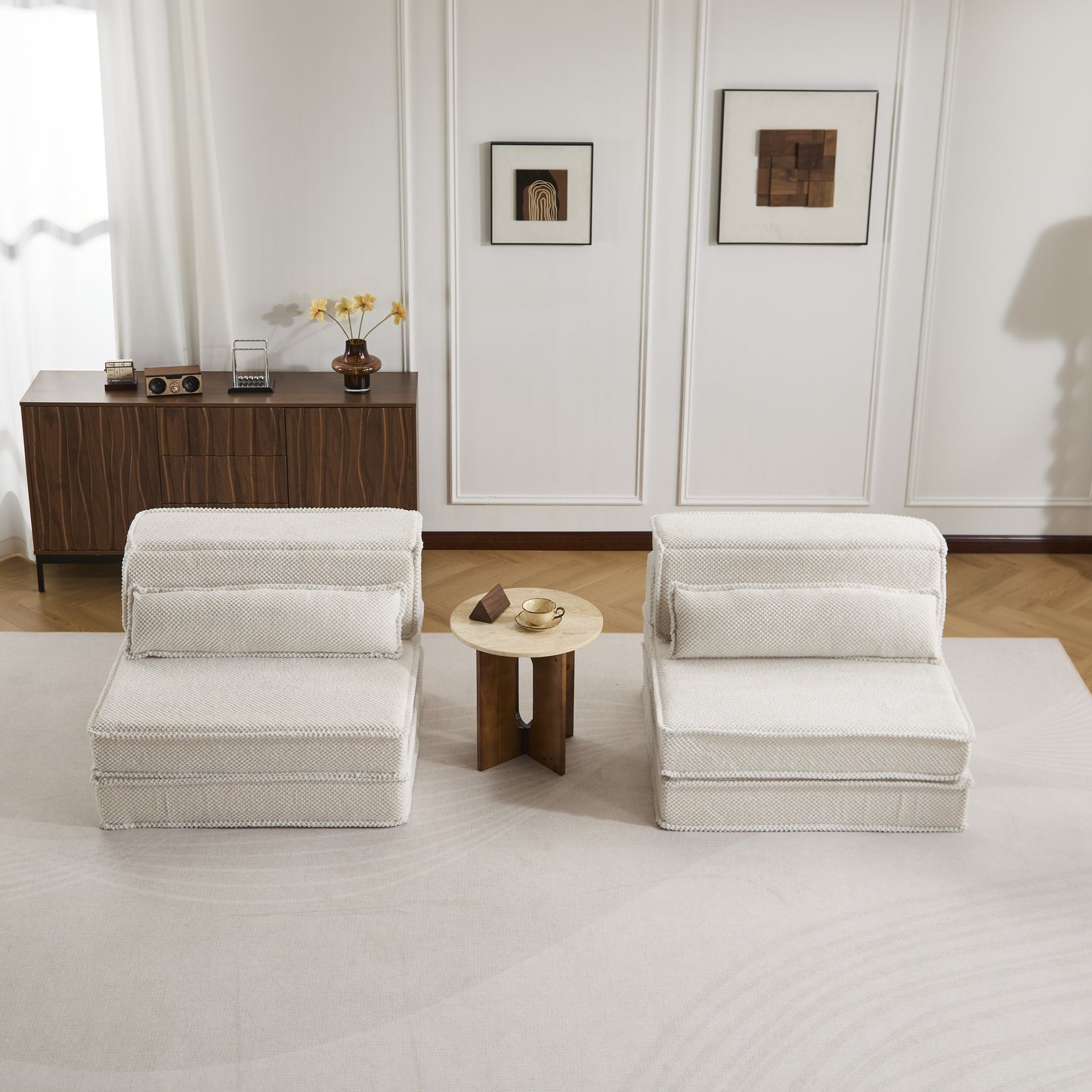 Convertible Floor Sofa Bed - Oversized White Modular Sofa with Pillows