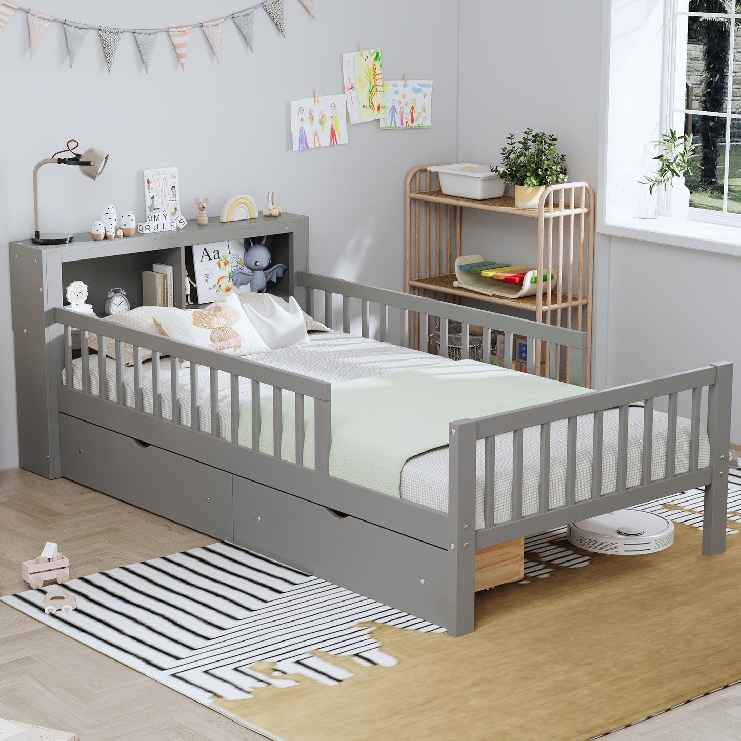 Twin Size Bed With Headboard Storage Rack, Two Under-Bed Drawers,