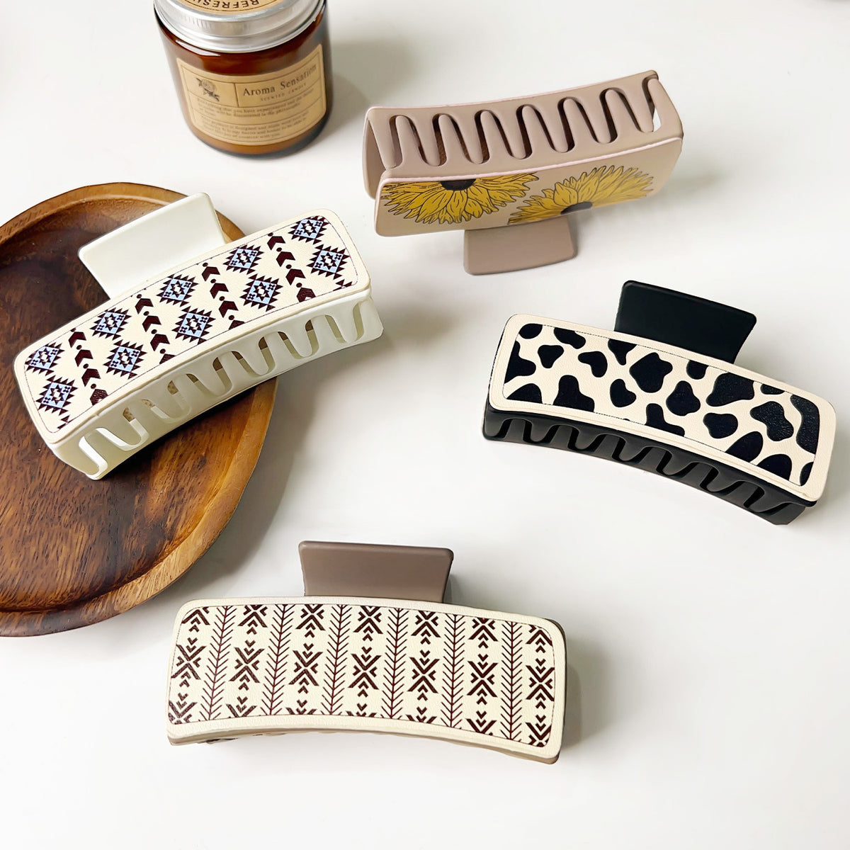 Western Denim Style Leather Hair Barrettes with Retro Printed Designs