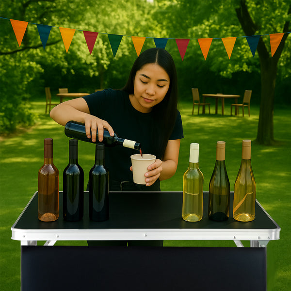 Portable Folding Bar Table with Shelf and Black Skirt - Indoor Outdoor Event Stand