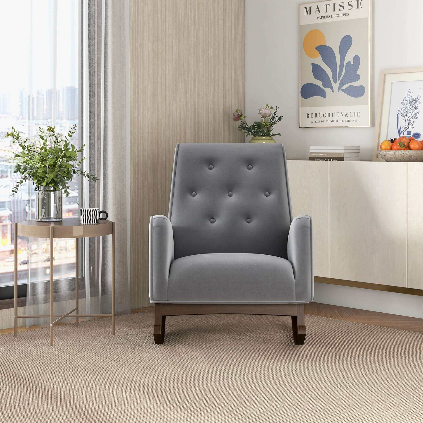 Premium Demetrius Light Grey Fabric Solid Wood Rocking Chair For