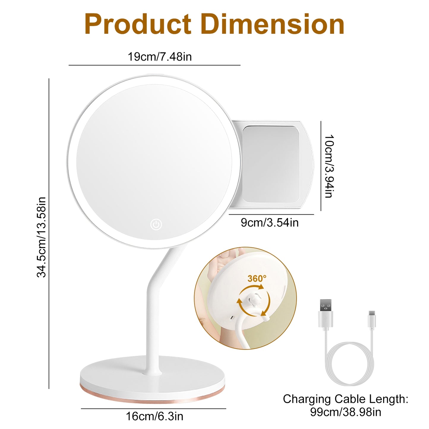 5X Magnifying LED Makeup Mirror, Rechargeable Vanity Mirror with 3 Light Colors
