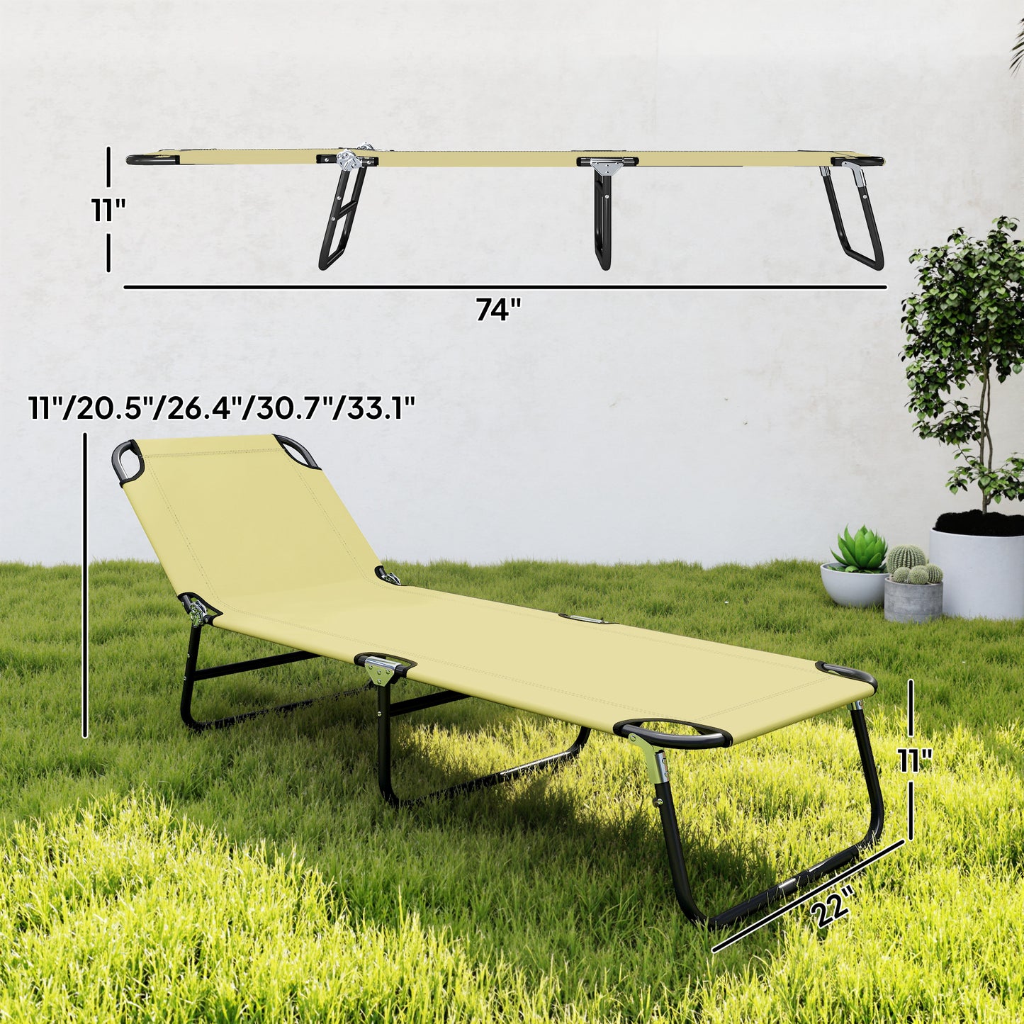 Folding Chaise Lounge Chair - 5-Level Recline, Steel Frame, Beige