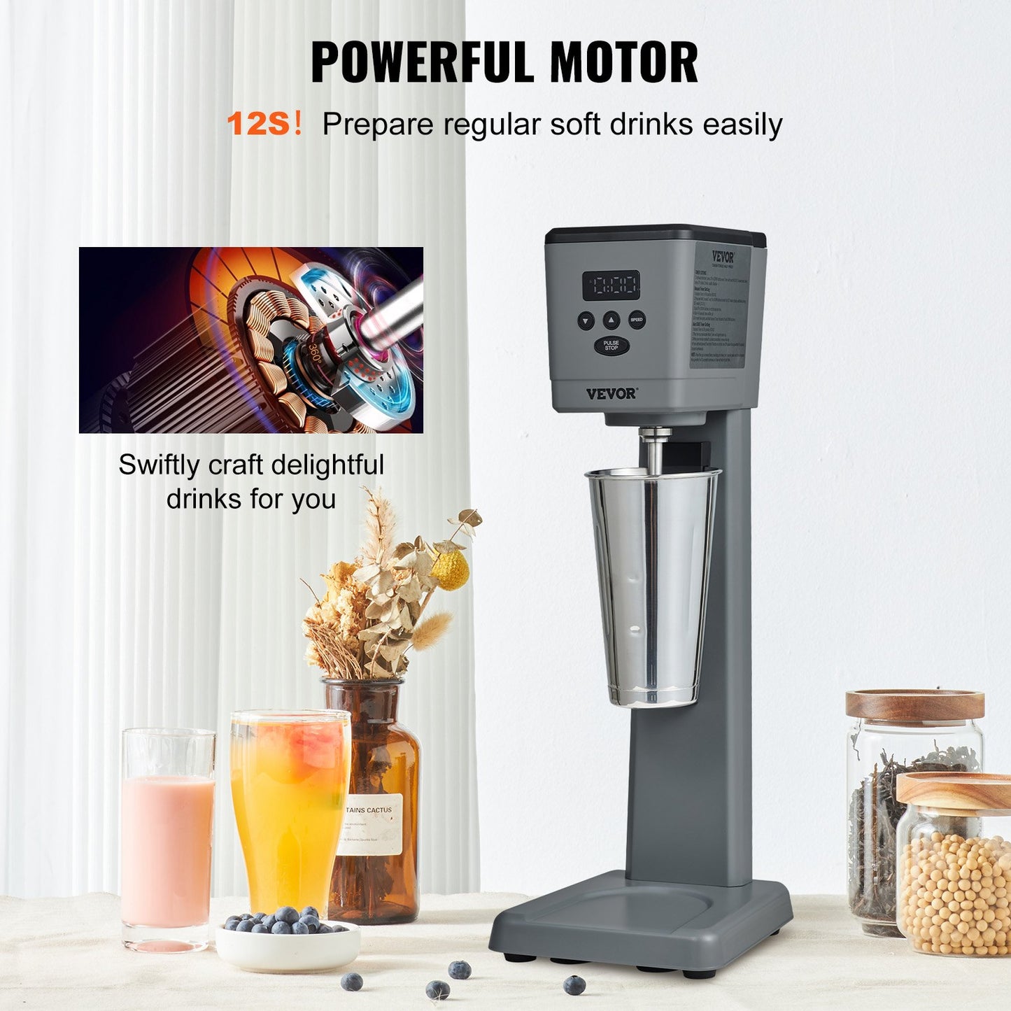 Electric Milkshake Maker 375W with Stainless Steel Cup 3-Speed Drink Blender Grey