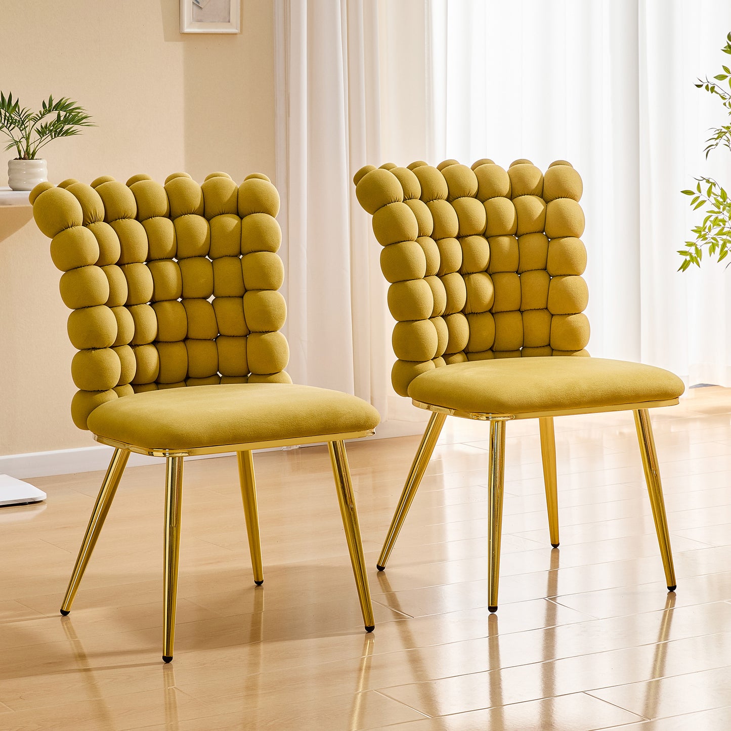 Set of 2 Ergonomic Tufted Accent Chairs with Gold Legs