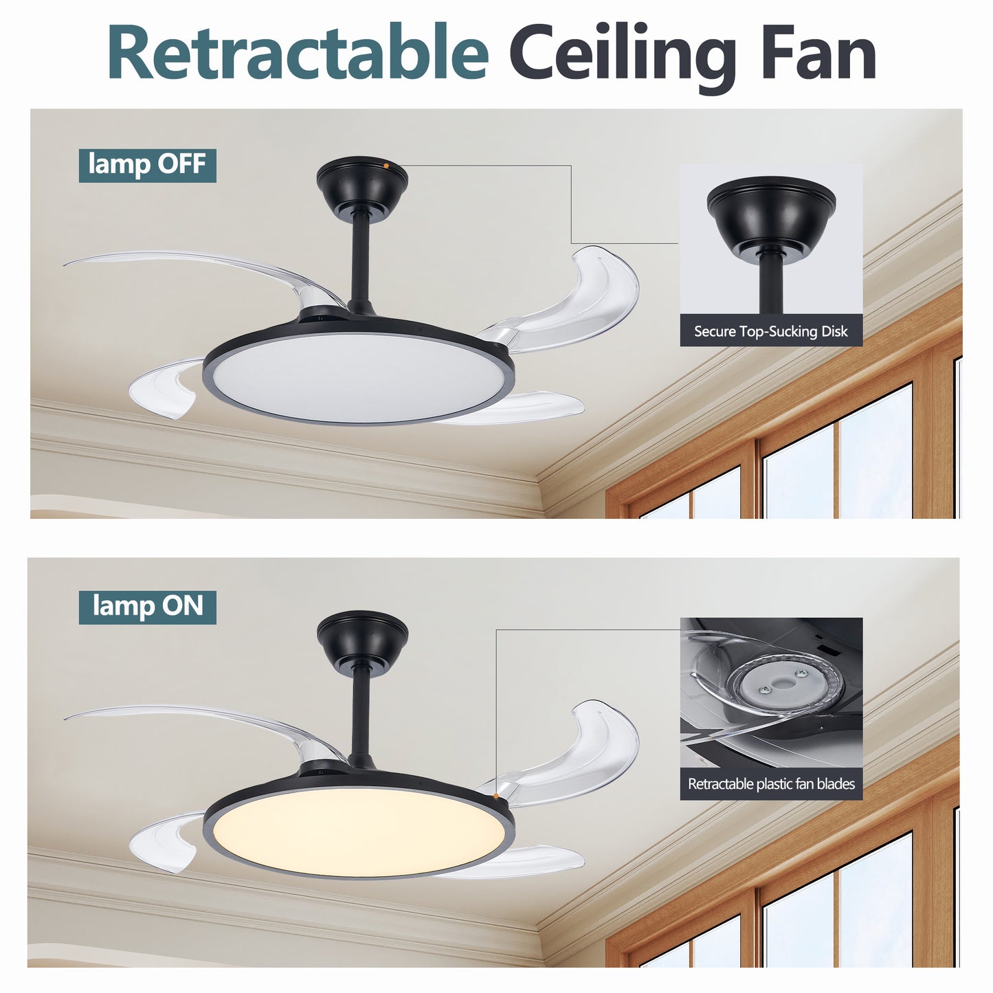 42-Inch Retractable Ceiling Fan with Light & Remote - Black