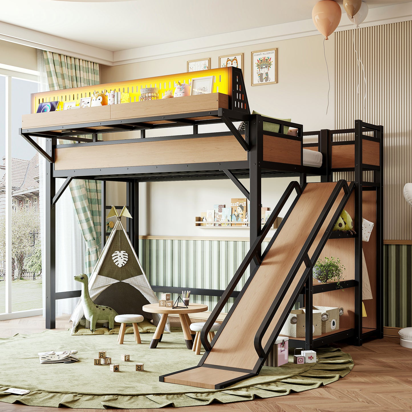 Twin XL Loft Bed with Slide, Storage Shelves & USB Ports - Natural