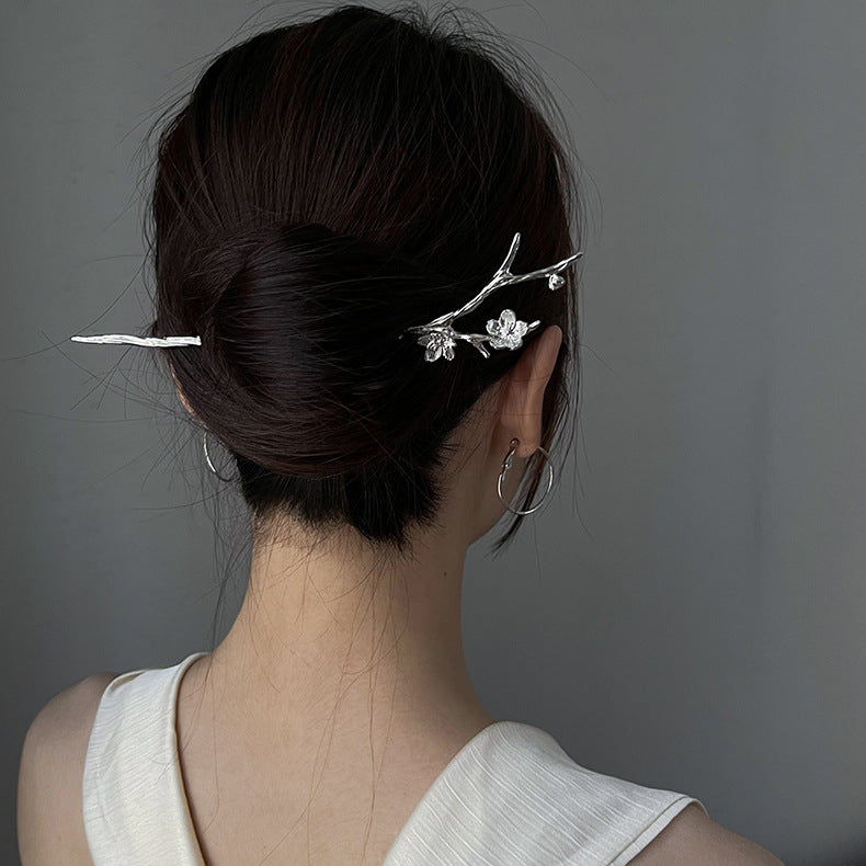 Metal Hairpin Hair Accessories for Women - Chinese Flower Design, Silver & Gun Black