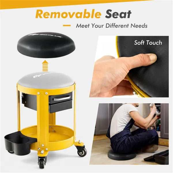 Rolling Workshop Creeper Seat with Padded Cushion & Drawers