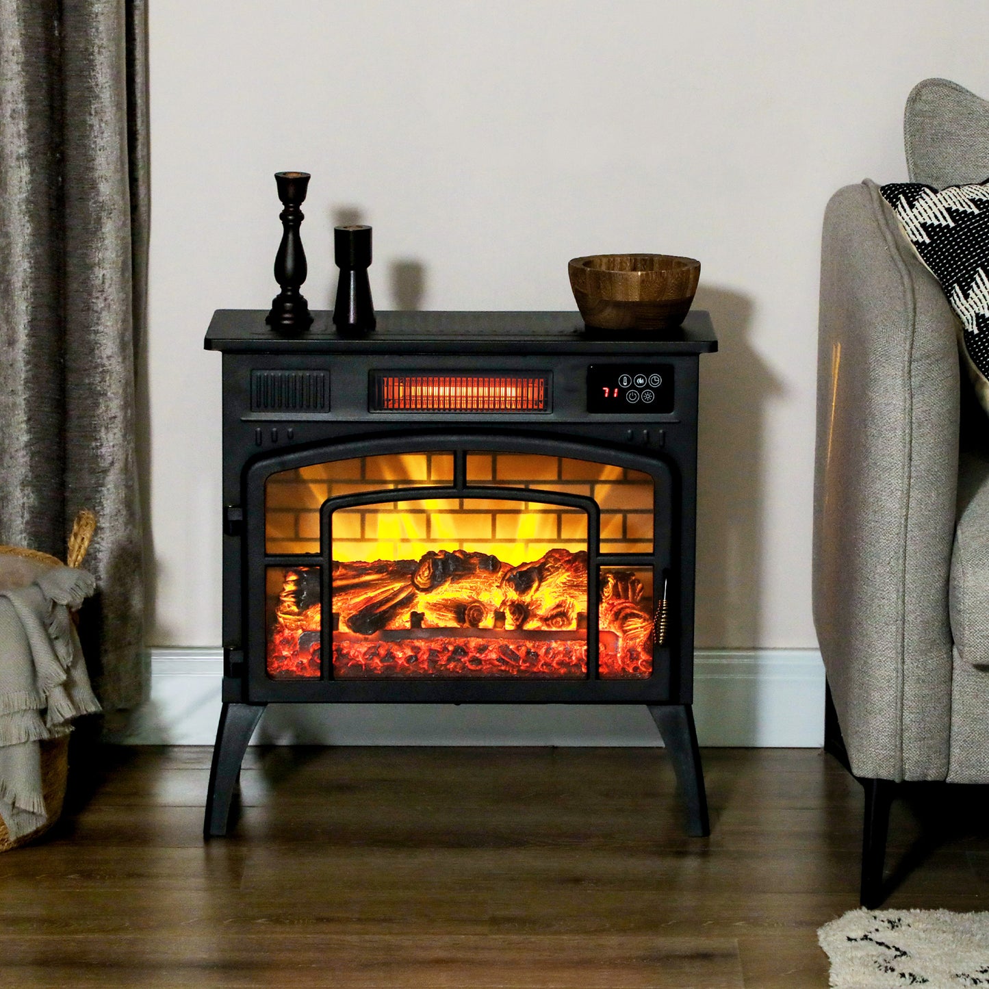 Electric Fireplace Stove with 3-Sided Glass and Remote Control - Black, 655x315x515 mm