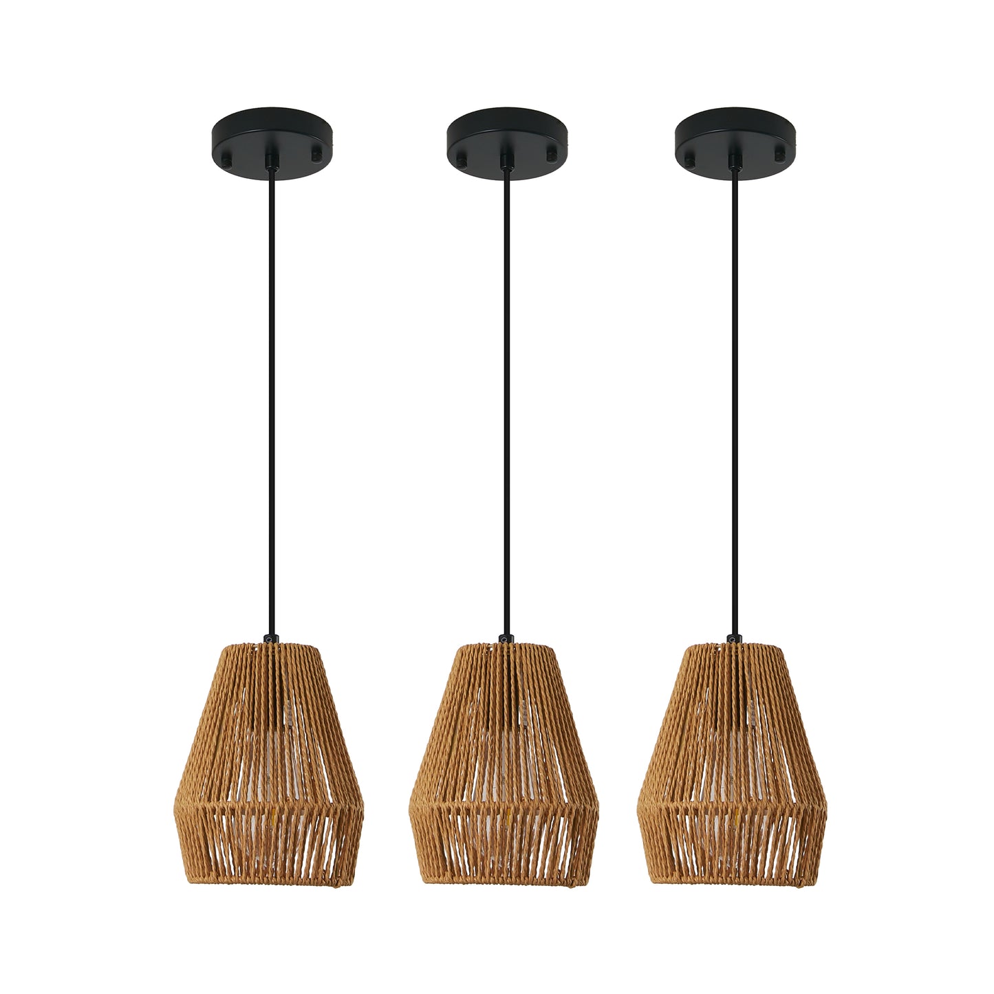7-Inch Set of 3 Rustic Hemp Rope Pendant Lights - Farmhouse Ceiling Fixtures