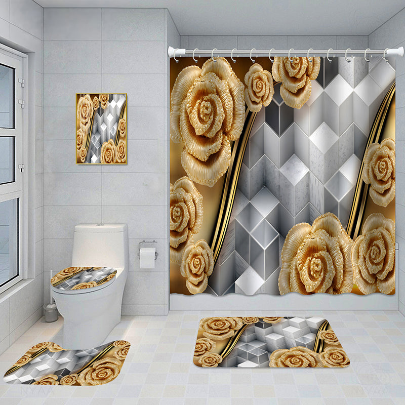 Bathroom 5-Piece Shower Curtain Set with Mat and Decorative Aluminum Frame